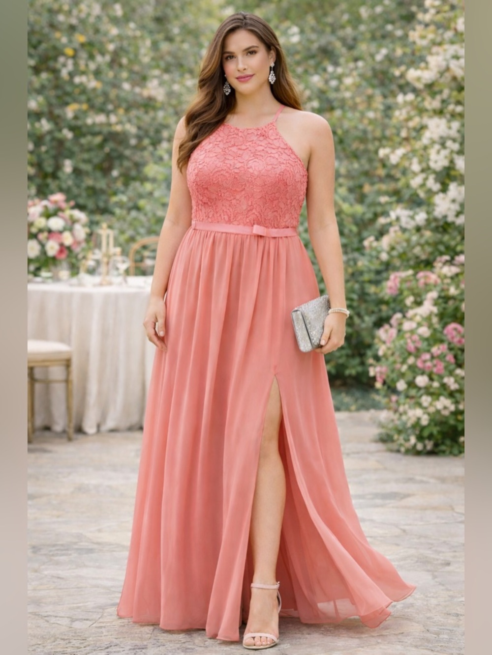 David's Bridal Coral Lace Halter Maxi Gown | NWT | Size 12 | Prom